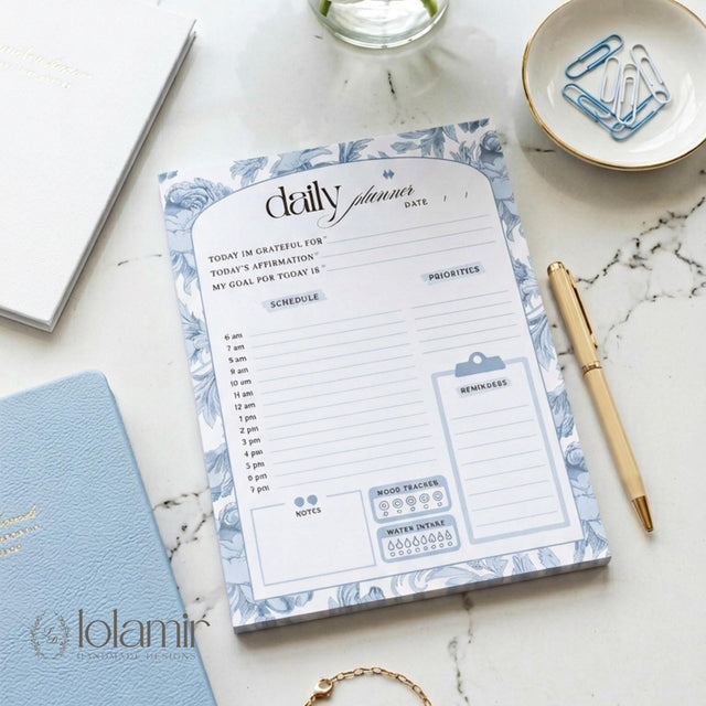 Daily Planner Notepad Blue Lilies | Tear Off Undated Letter Size | Gift