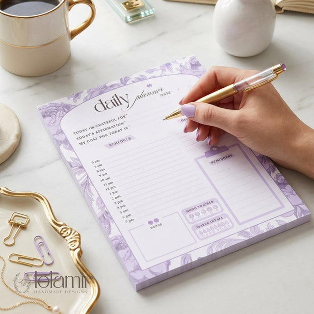 Daily Planner Notepad Purple Lilies | Tear Off Undated Letter Size | Gift