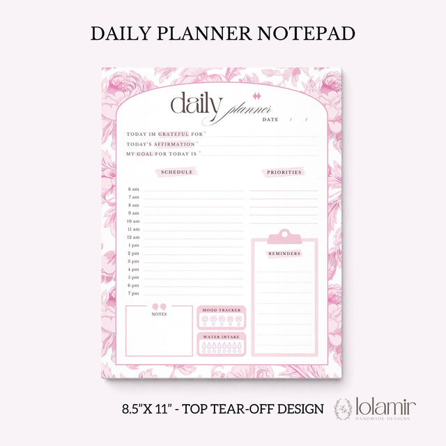 Daily Planner Notepad Pink Lilies | Tear Off Undated Letter Size | Gift