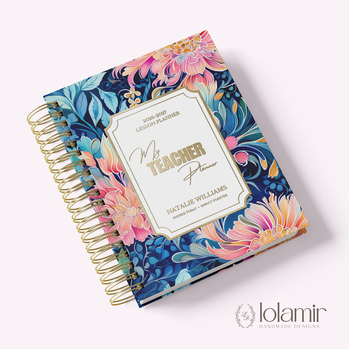 My Teacher Planner pink and teal floral cover, angled view, Lolamir Handmade Designs