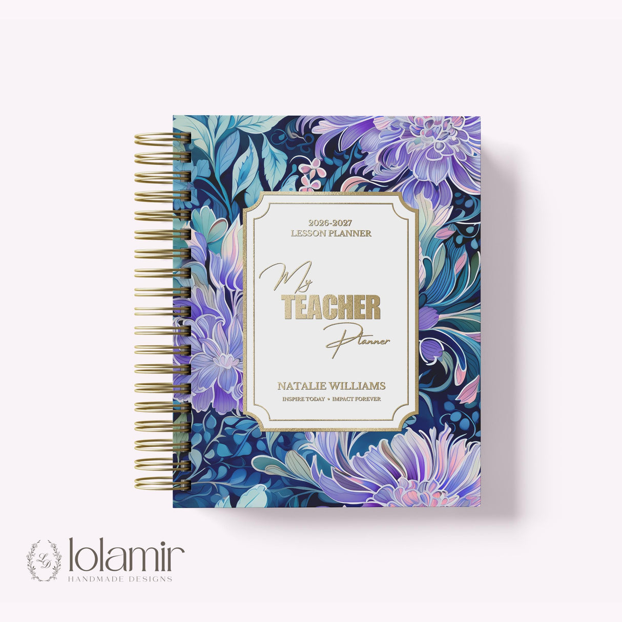 My Teacher Planner in purple and blue floral cover, personalized with gold foil name and title