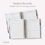 My Teacher Planner student records pages including class roster, student birthdays, and parent communication log