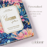 My Teacher Planner personalization close-up, gold foil name and classroom motto on cover