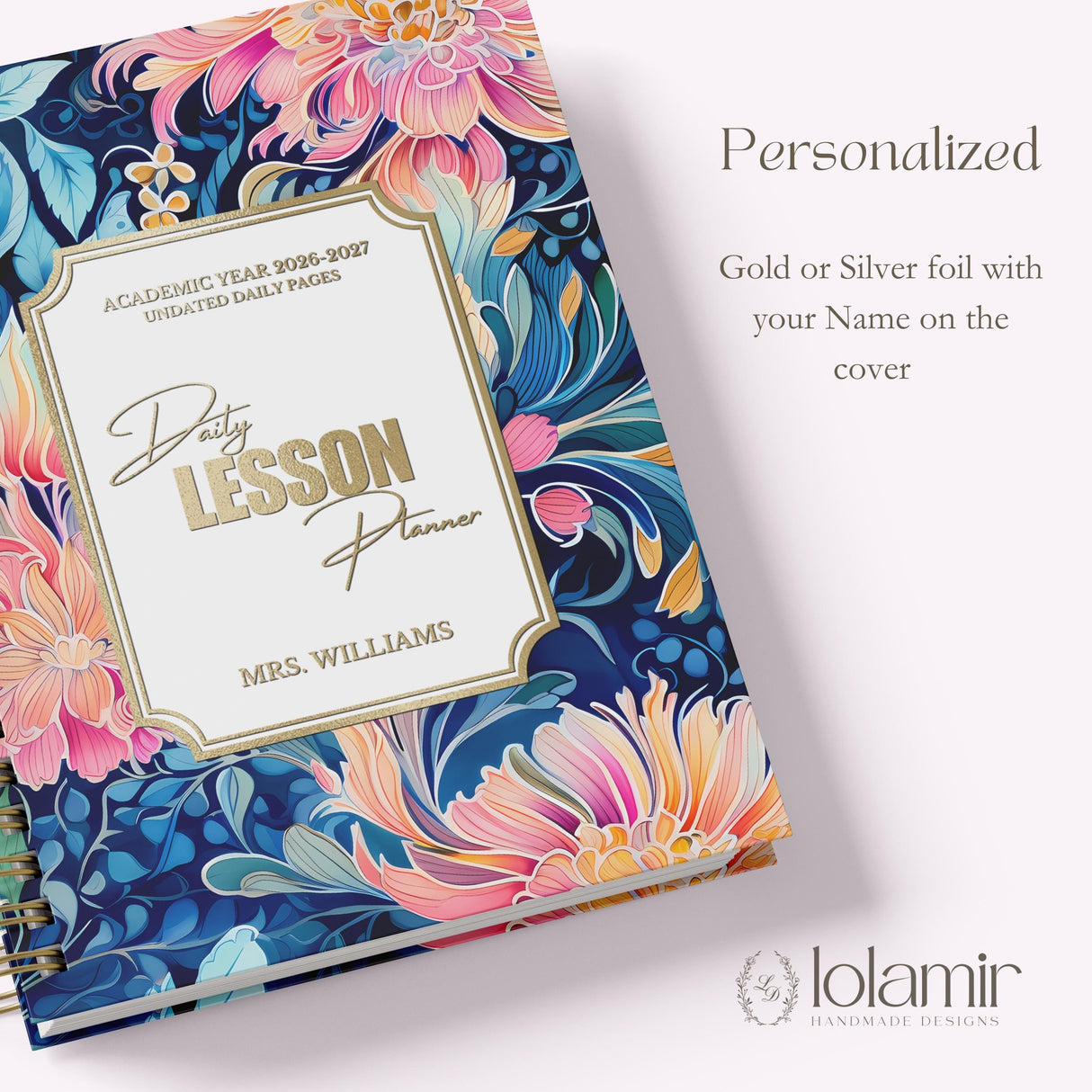 Daily Lesson Planner personalization close-up, gold foil name and classroom motto on cover