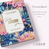 Daily Lesson Planner personalization close-up, gold foil name and classroom motto on cover