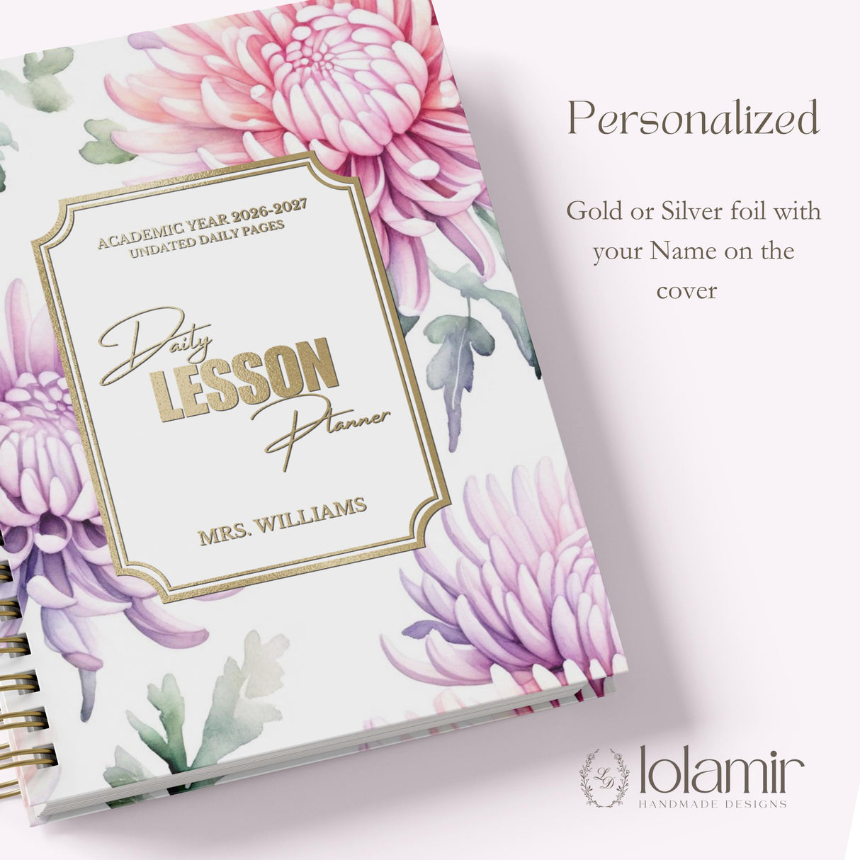 Teacher Daily Lesson Planner, Academic Year 2026-2027 - Personalized Serene Blooms Spiral Hardcover Cover, Back to School Teacher Gift