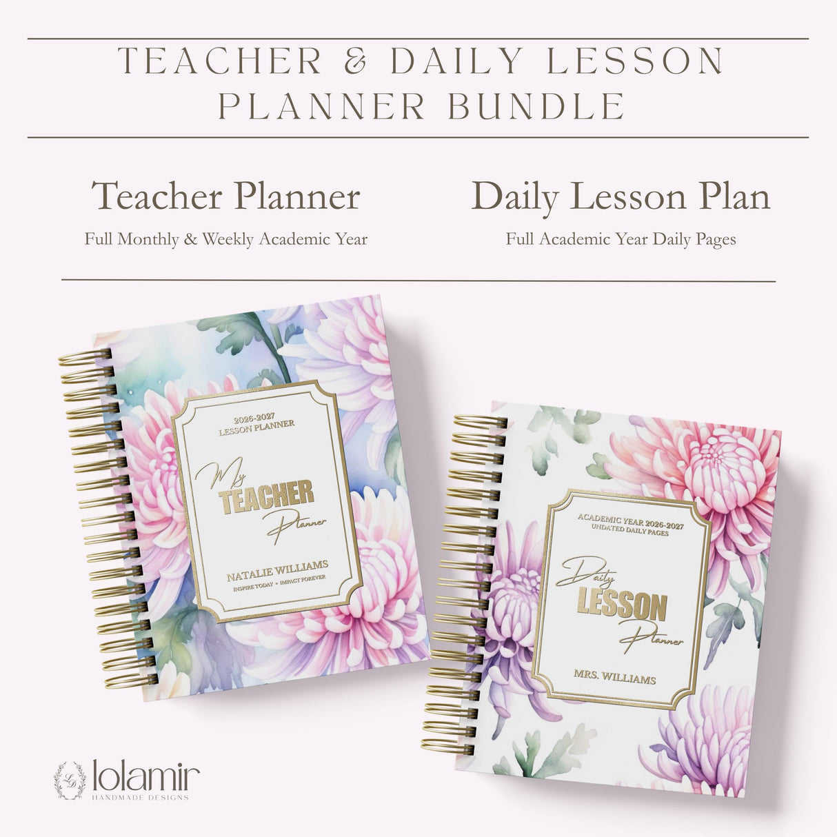 Teacher Daily Lesson Planner, Academic Year 2026-2027 - Personalized Serene Blooms Spiral Hardcover Cover, Back to School Teacher Gift