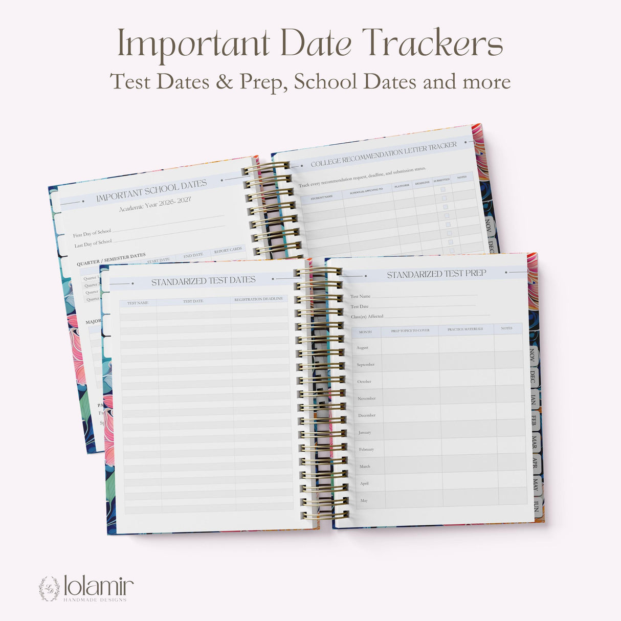 My Teacher Planner important date trackers including school dates, college recommendation letter tracker, and standardized test prep
