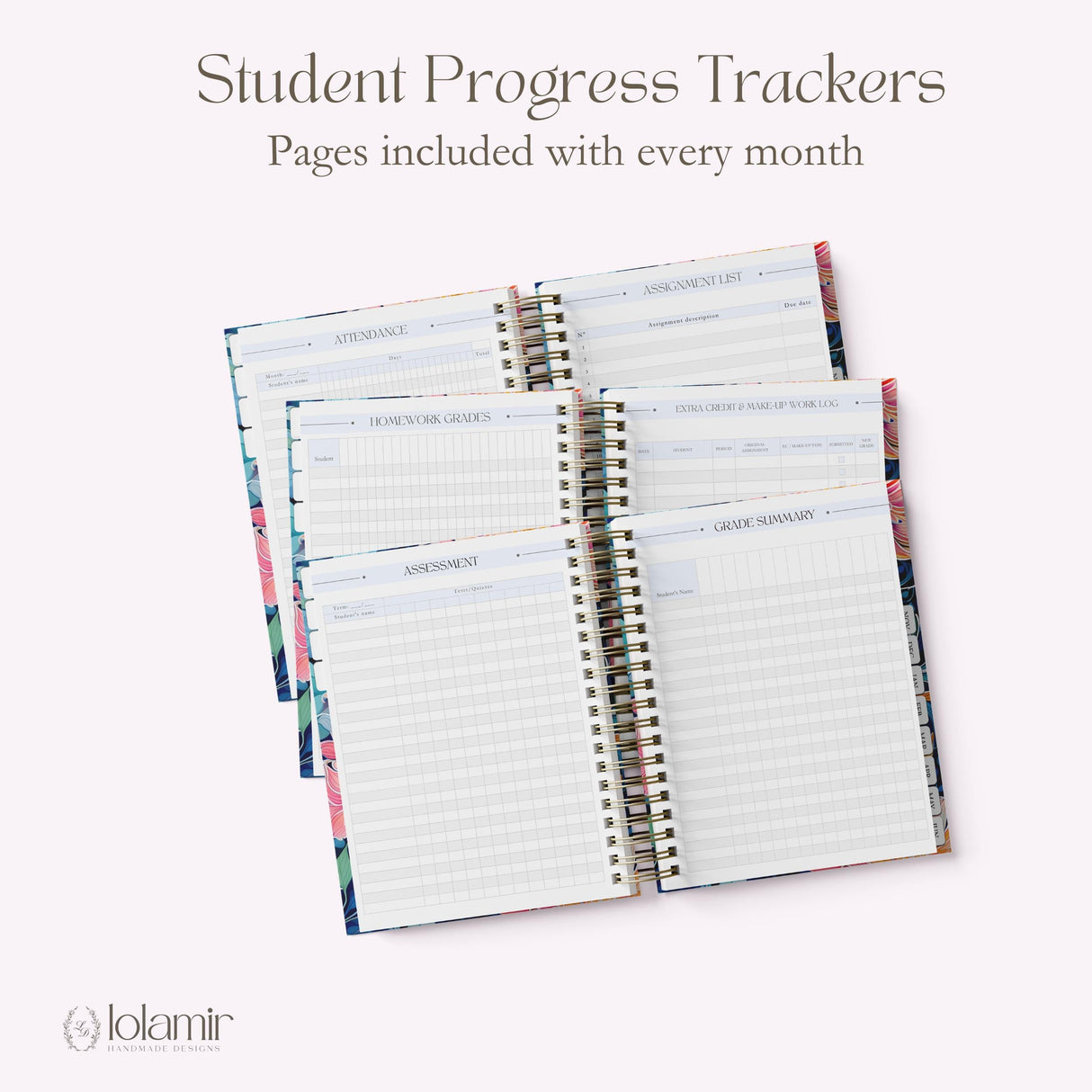 My Teacher Planner student progress trackers including attendance, assignment list, homework grades, and grade summary