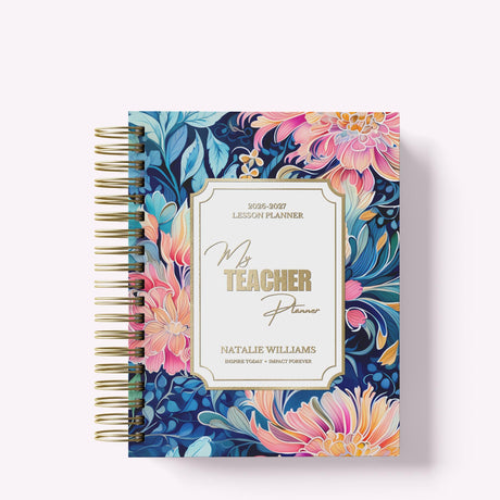 My Teacher Planner in Wild Dalhia in pink, teal, and navy floral cover, personalized with gold foil name and title