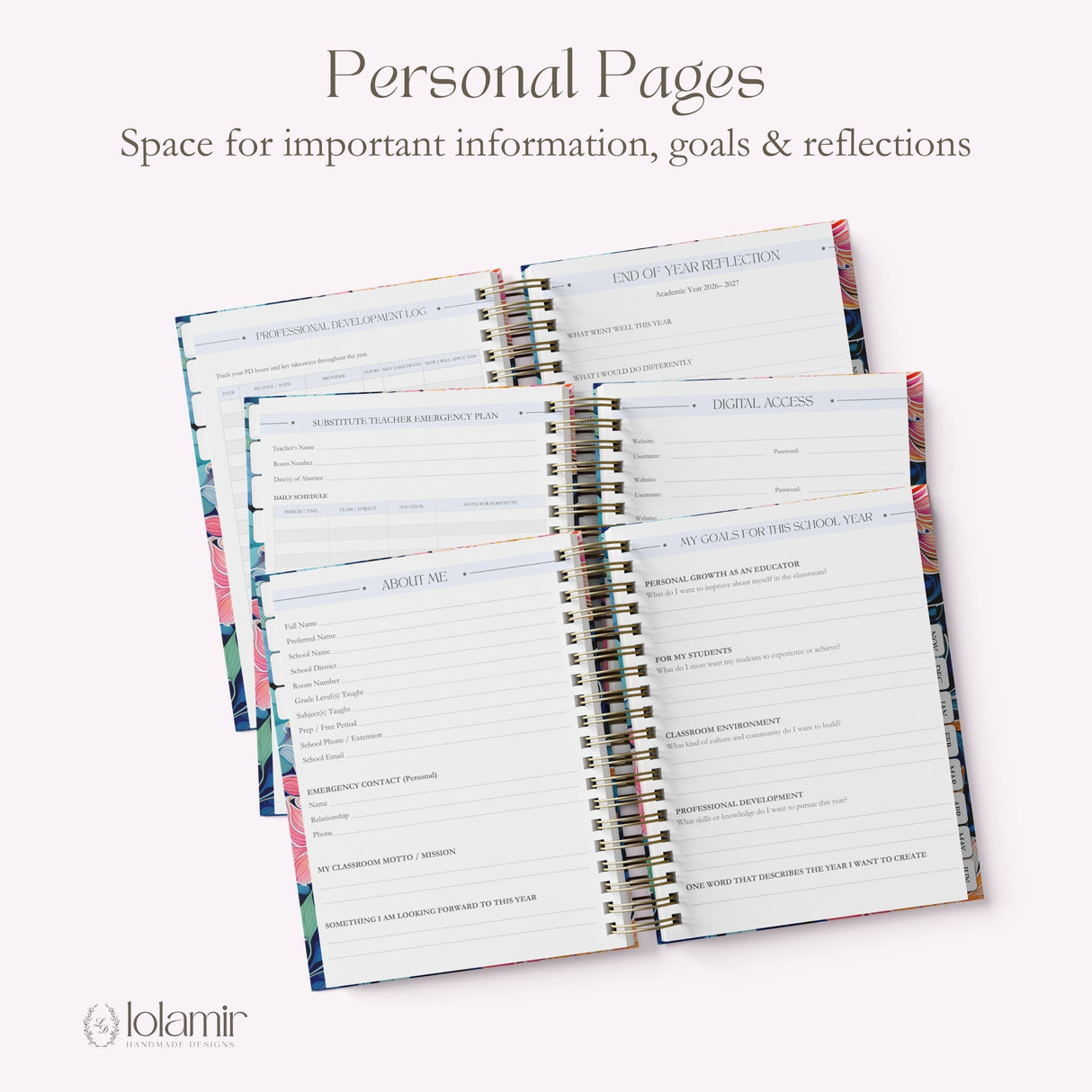 My Teacher Planner personal pages including professional development log, end of year reflection, substitute emergency plan, and goals for the school year