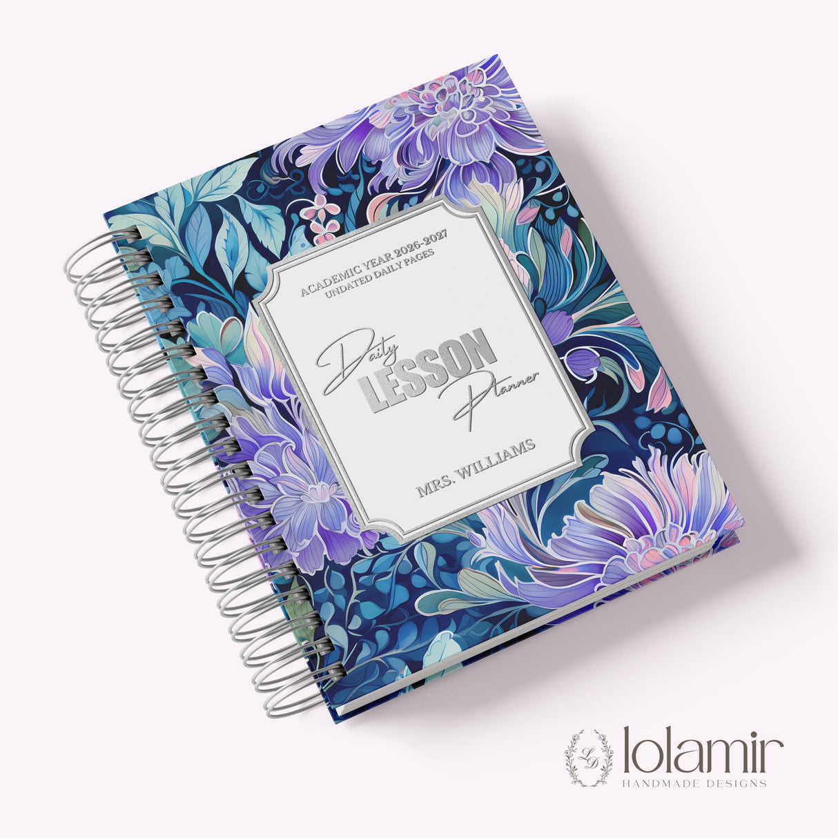 Daily Lesson Planner silver foil cover, angled view, Lolamir Handmade Designs