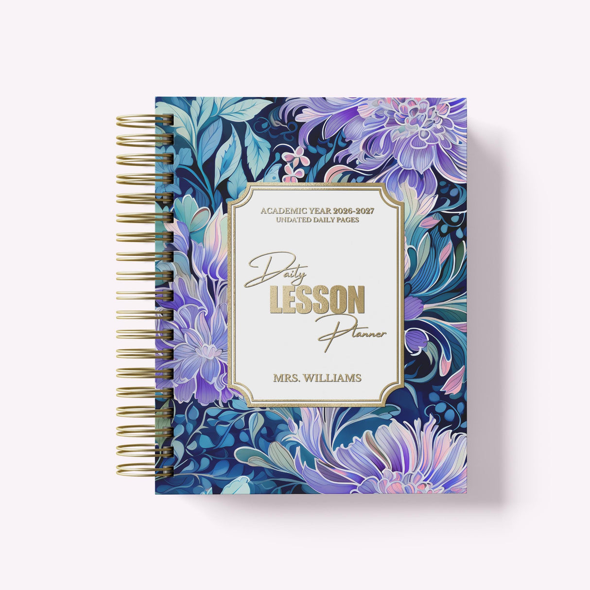 Daily Lesson Planner cover in gold foil, chrysanthemum watercolor floral design